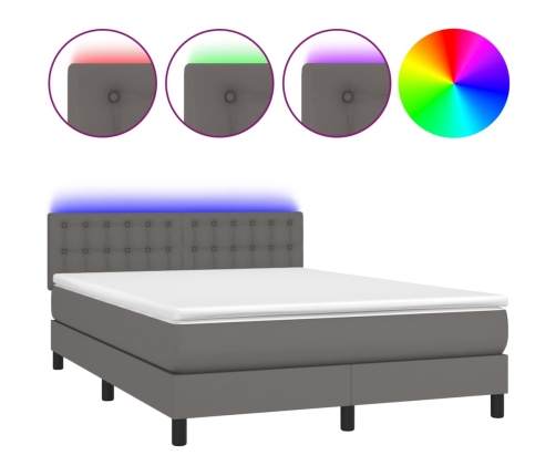 Cama box spring colchón y LED cuero sintético gris 140x190 cm