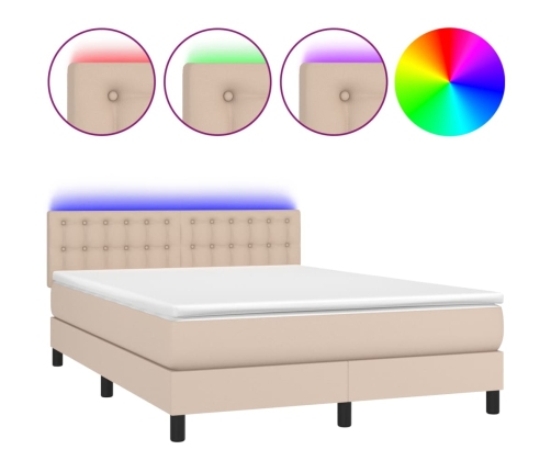 Cama box spring colchón LED cuero sintético capuchino 140x190cm