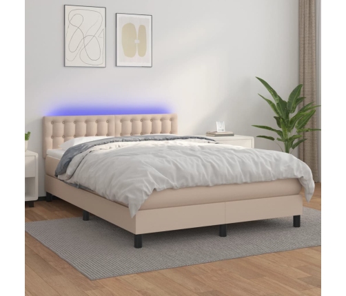 Cama box spring colchón LED cuero sintético capuchino 140x190cm