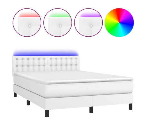 Cama box spring colchón y LED cuero sintético blanco 140x200 cm