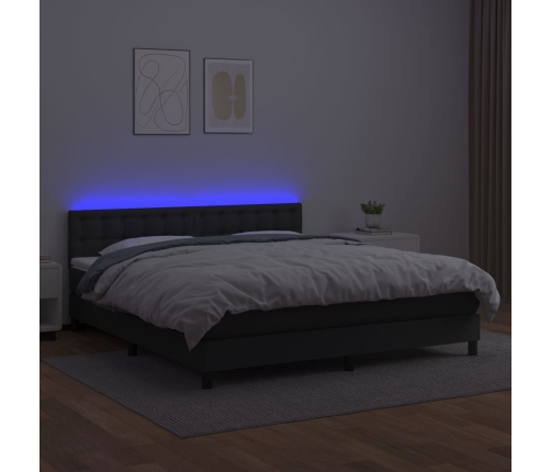 Cama box spring colchón y LED cuero sintético negro 160x200 cm