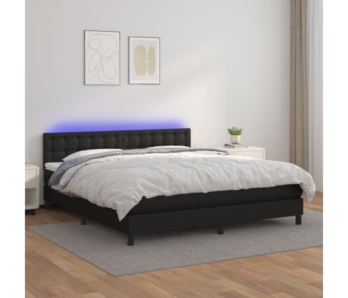 Cama box spring colchón y LED cuero sintético negro 160x200 cm