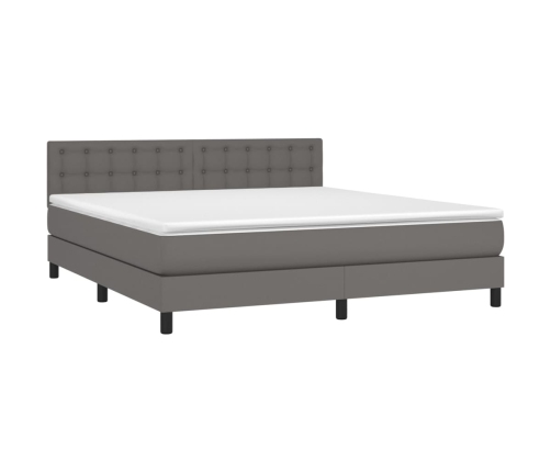 Cama box spring colchón y LED cuero sintético gris 160x200 cm