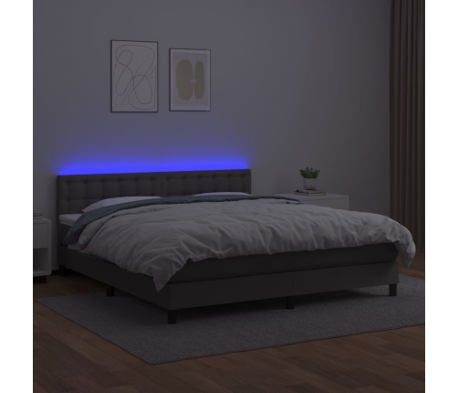 Cama box spring colchón y LED cuero sintético gris 160x200 cm