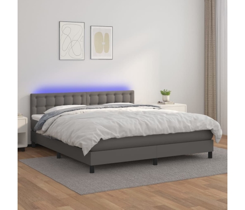 Cama box spring colchón y LED cuero sintético gris 160x200 cm