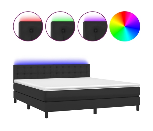 Cama box spring colchón y LED cuero sintético negro 180x200 cm