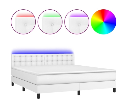 Cama box spring colchón y LED cuero sintético blanco 180x200 cm