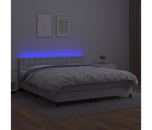 Cama box spring colchón y LED cuero sintético blanco 180x200 cm