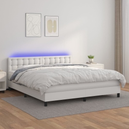 Cama box spring colchón y LED cuero sintético blanco 180x200 cm