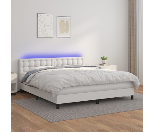 Cama box spring colchón y LED cuero sintético blanco 180x200 cm