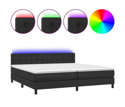 Cama box spring colchón y LED cuero sintético negro 200x200 cm