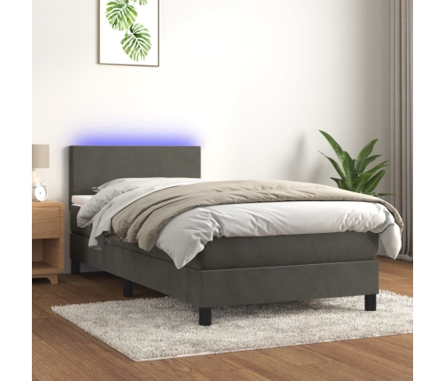 Cama box spring colchón y LED terciopelo gris oscuro 80x200 cm