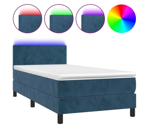 Cama box spring colchón y LED terciopelo azul oscuro 80x200 cm