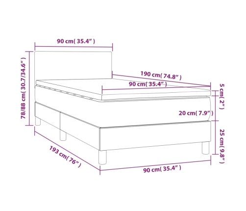Cama box spring colchón y LED terciopelo gris claro 90x190 cm