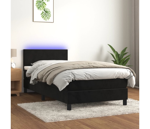 Cama box spring colchón y LED terciopelo negro 90x190 cm