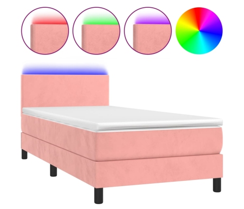 Cama box spring colchón y LED terciopelo rosa 90x190 cm