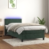 Cama box spring colchón y LED terciopelo verde oscuro 90x200 cm