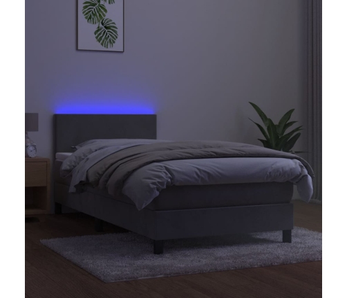 Cama box spring colchón y LED terciopelo gris claro 100x200 cm