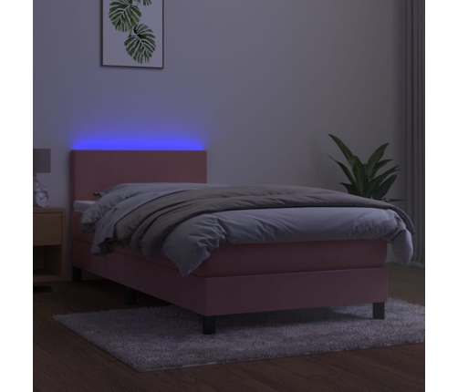 Cama box spring colchón y LED terciopelo rosa 100x200 cm