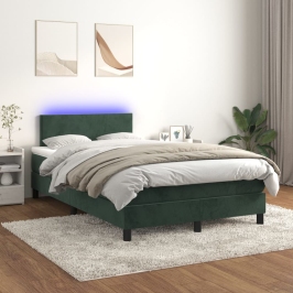 Cama box spring colchón y LED terciopelo verde oscuro 120x200cm