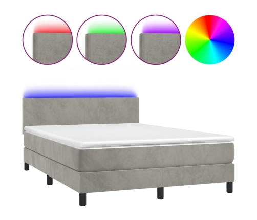 Cama box spring colchón y LED terciopelo gris claro 140x190 cm