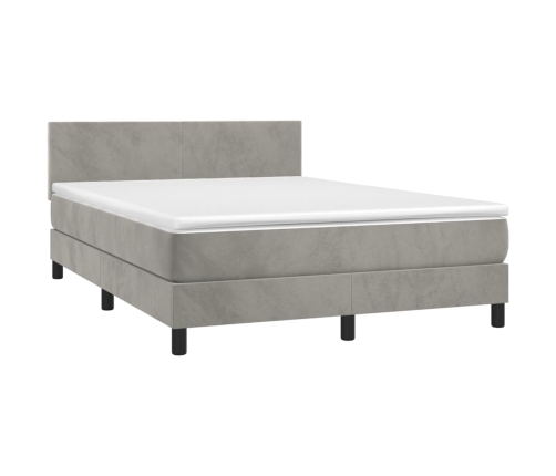 Cama box spring colchón y LED terciopelo gris claro 140x190 cm