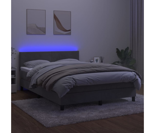 Cama box spring colchón y LED terciopelo gris claro 140x190 cm