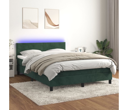 Cama box spring colchón y LED terciopelo verde oscuro 140x190cm