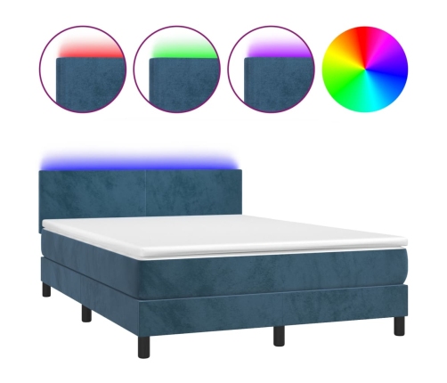 Cama box spring colchón y LED terciopelo azul oscuro 140x190 cm