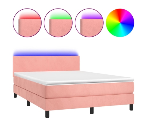 Cama box spring colchón y LED terciopelo rosa 140x190 cm