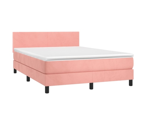 Cama box spring colchón y LED terciopelo rosa 140x190 cm