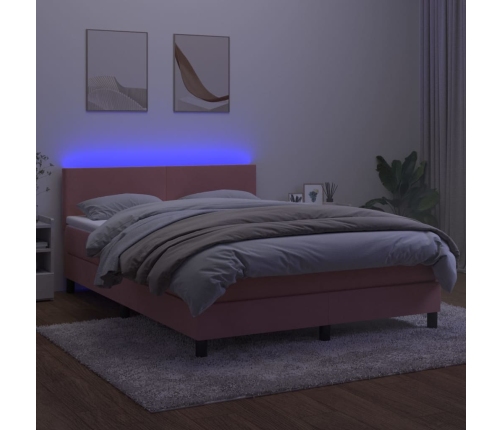 Cama box spring colchón y LED terciopelo rosa 140x200 cm