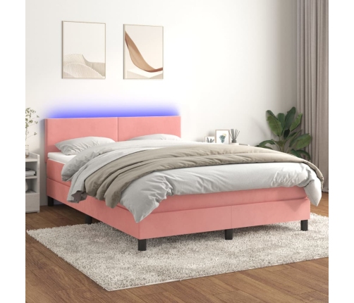 Cama box spring colchón y LED terciopelo rosa 140x200 cm