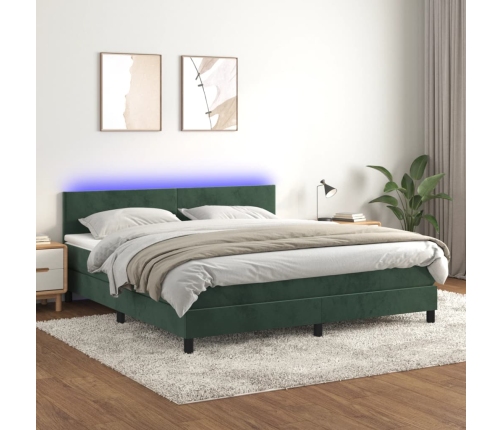 Cama box spring colchón y LED terciopelo verde oscuro 160x200cm