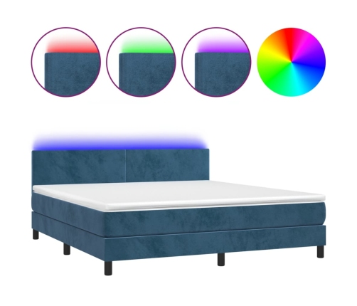 Cama box spring colchón y LED terciopelo azul oscuro 160x200 cm