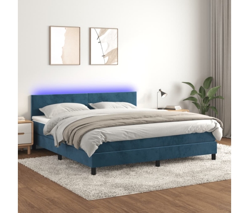 Cama box spring colchón y LED terciopelo azul oscuro 160x200 cm