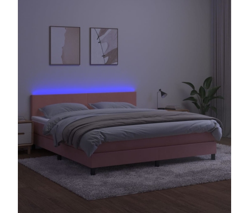 Cama box spring colchón y LED terciopelo rosa 160x200 cm