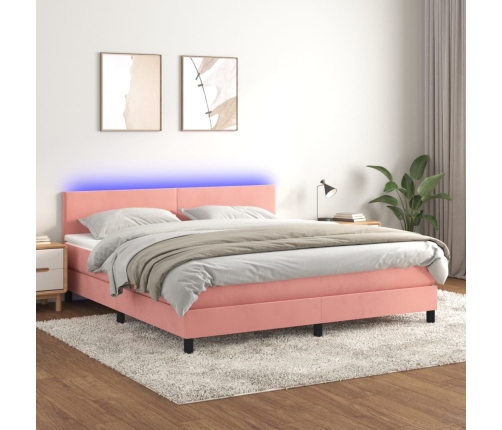 Cama box spring colchón y LED terciopelo rosa 160x200 cm