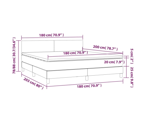 Cama box spring colchón y LED terciopelo gris claro 180x200 cm