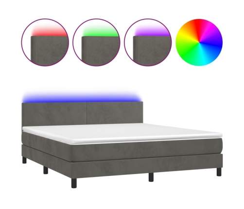 Cama box spring colchón y LED terciopelo gris oscuro 180x200 cm