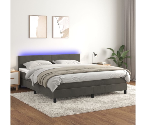 Cama box spring colchón y LED terciopelo gris oscuro 180x200 cm