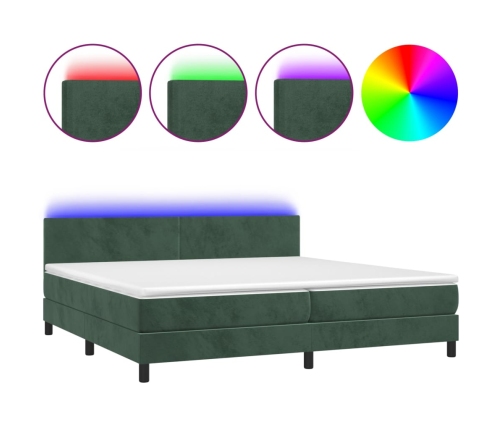 Cama box spring colchón y LED terciopelo verde oscuro 200x200cm