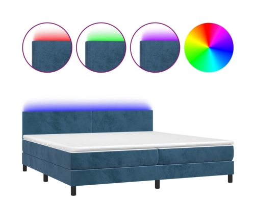 Cama box spring colchón y LED terciopelo azul oscuro 200x200 cm