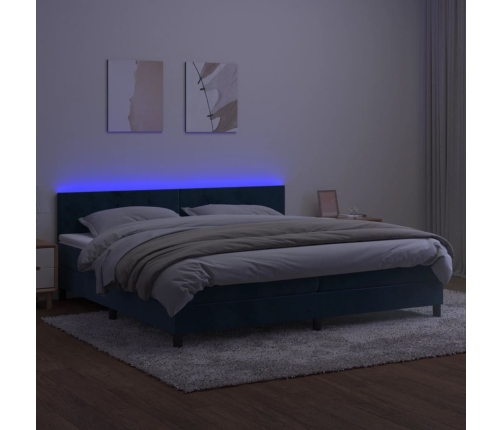 Cama box spring colchón y LED terciopelo azul oscuro 200x200 cm