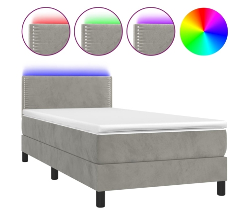 Cama box spring colchón y LED terciopelo gris claro 90x190 cm