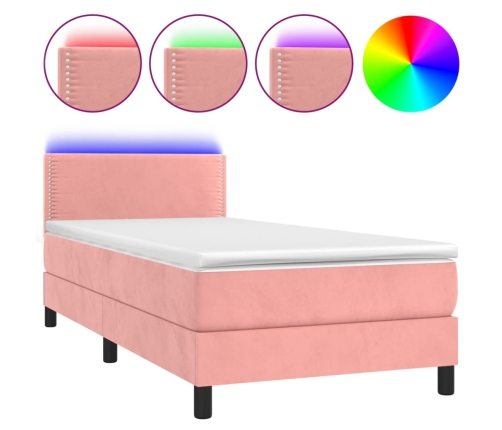 Cama box spring colchón y LED terciopelo rosa 90x190 cm