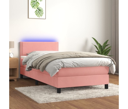 Cama box spring colchón y LED terciopelo rosa 90x190 cm