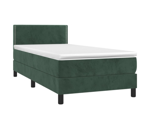 Cama box spring colchón y LED terciopelo verde oscuro 90x200 cm