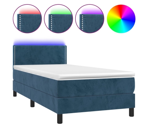 Cama box spring colchón y LED terciopelo azul oscuro 90x200 cm