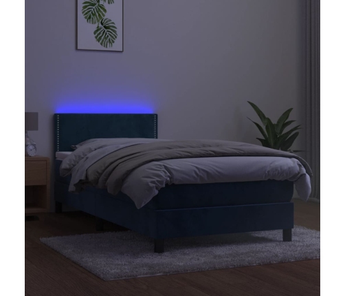 Cama box spring colchón y LED terciopelo azul oscuro 90x200 cm